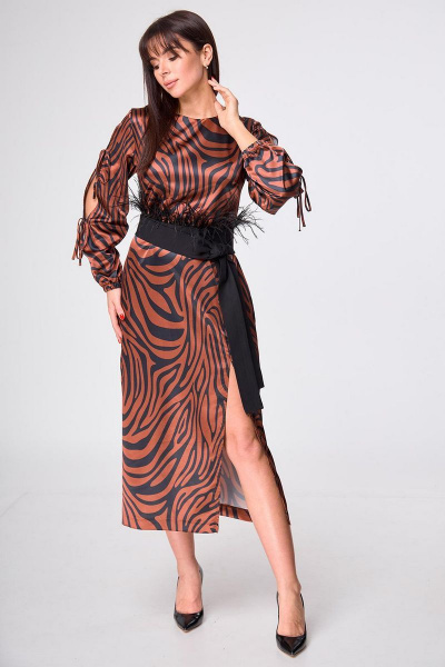 Платье длинное с разрезом и лентами, приталенное мультиколор Anelli 1212 терракот_зебра - фото 4