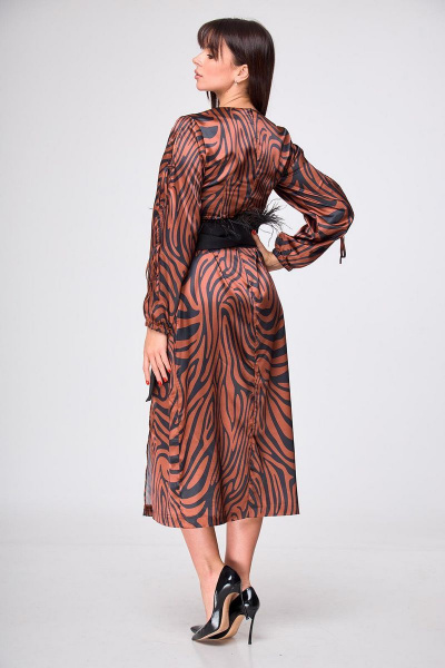 Платье длинное с разрезом и лентами, приталенное мультиколор Anelli 1212 терракот_зебра - фото 5