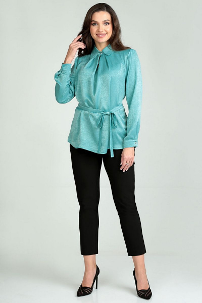 Элегантная свободная блуза с складками и воротником-стойкой Таир-Гранд 62195 бирюза - фото 3