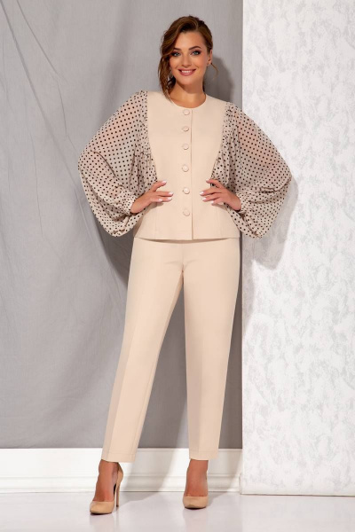 Брюки, жакет Beautiful&Free 3091 бежевый+горох - фото 1