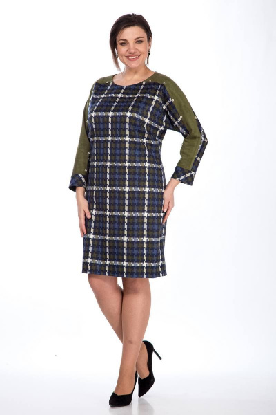 Платье с вставками из отделочного материала и карманами Lady Style Classic 1007 синий_с_зеленым - фото 2