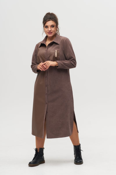 Платье-рубашка из текстиля, длина миди, с поясом и карманами Anelli 1247 бежевый - фото 2
