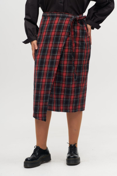 Юбка на запах с асимметричным краем ниже колена Anelli 1310 красная_клетка - фото 3