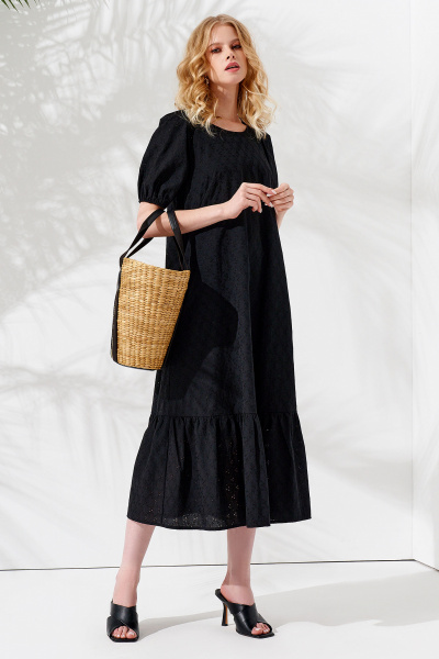 Платье из хлопка летнее короткое с пышными рукавами Панда 104780w черный - фото 1