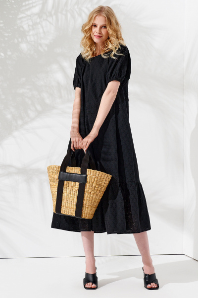 Платье из хлопка летнее короткое с пышными рукавами Панда 104780w черный - фото 2