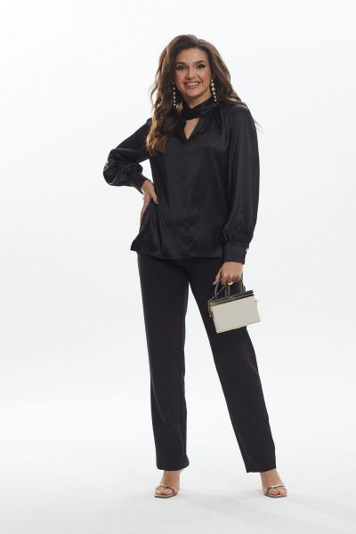 Нарядная блуза из атласа с складками и V-образным вырезом MALI 620-059 черный_атлас - фото 7