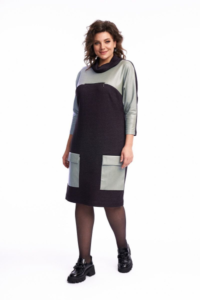 Платье демисезонное женское трикотаж из экокожи с кокеткой Almirastyle 232 серебро - фото 2