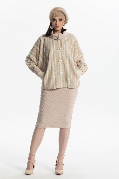 Демисезонное платье-комплект: пончо и юбка-карандаш Diva 1492 бежевый - фото 1