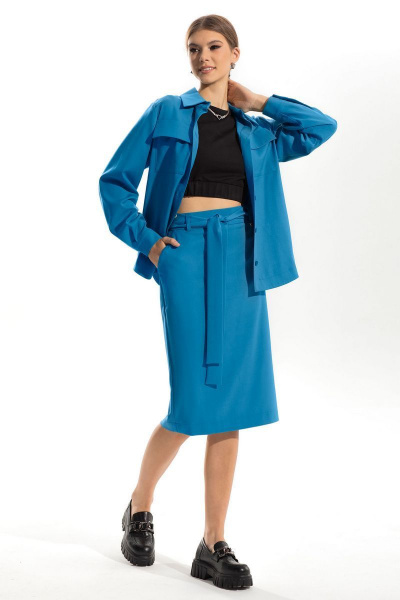 Демисезонный блузон с воротником, карманами и поясом Golden Valley 26513-1 синий - фото 2