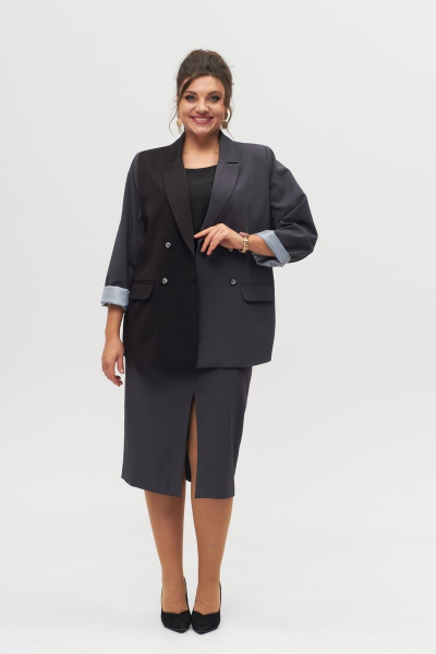 Деловой жакет двубортный с лацканами и втачными рукавами Anelli 1315 графит - фото 1