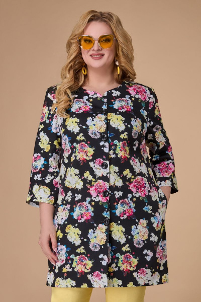 Жакет женский полуприлегающий из текстиля и хлопка Svetlana-Style 1556 черный+цветы - фото 1