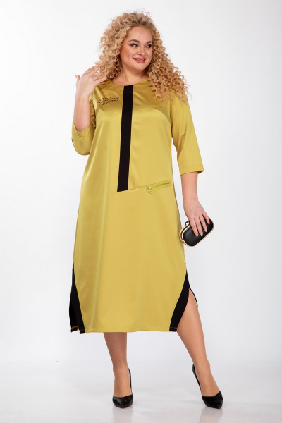 Демисезонное платье из текстиля с принтом и разрезами Michel chic 2073 горчица - фото 2