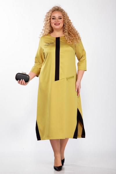 Демисезонное платье из текстиля с принтом и разрезами Michel chic 2073 горчица - фото 1