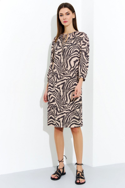 Платье бежевое с карманами и рукавами с резинкой DILIA 0704 мультидизайн - фото 1