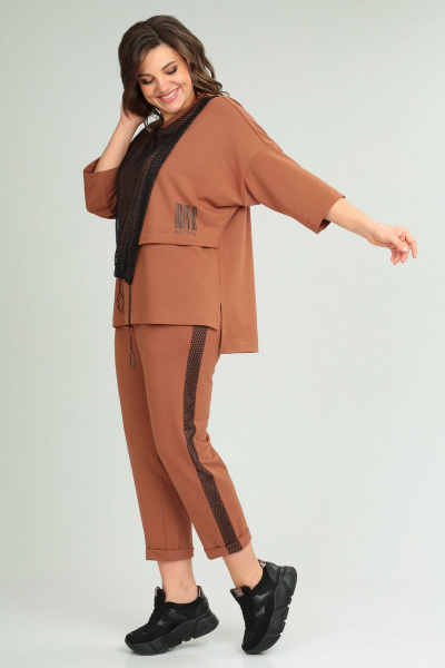 Комплект из брюк-кюлот и джемпера с сеткой и принтом Michel chic 1329 рыжий - фото 4