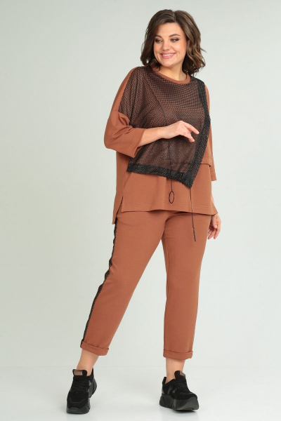 Комплект из брюк-кюлот и джемпера с сеткой и принтом Michel chic 1329 рыжий - фото 1