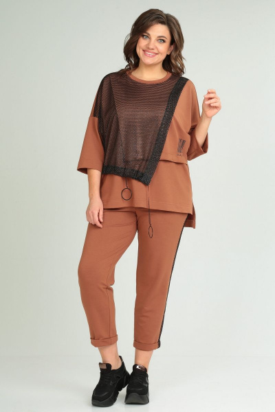 Комплект из брюк-кюлот и джемпера с сеткой и принтом Michel chic 1329 рыжий - фото 2