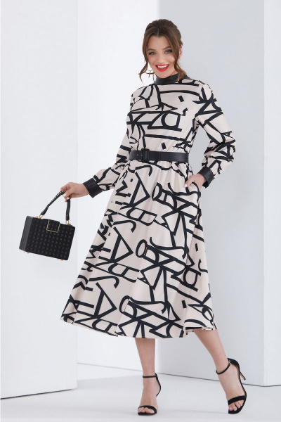 Демисезонное платье с принтом, эко кожей и карманами Lissana 4679 персик - фото 1