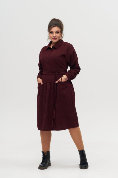 Платье вельветовое из хлопка, длина ниже колена с воланом Anelli 1169 вишня - фото 1