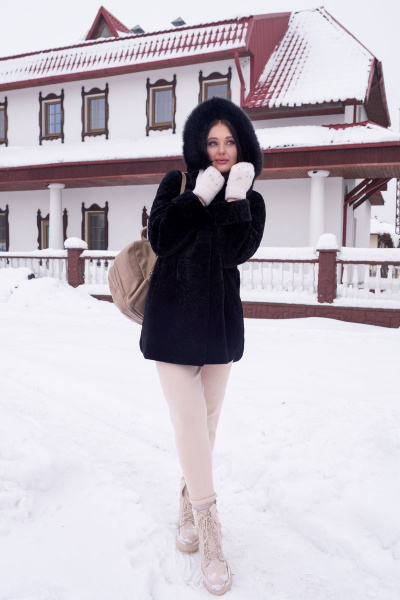 Полупальто из овчины с капюшоном и прорезными карманами Мехофф Мадам80.12-55 черный - фото 11