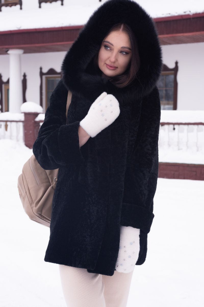 Полупальто из овчины с капюшоном и прорезными карманами Мехофф Мадам80.12-55 черный - фото 10