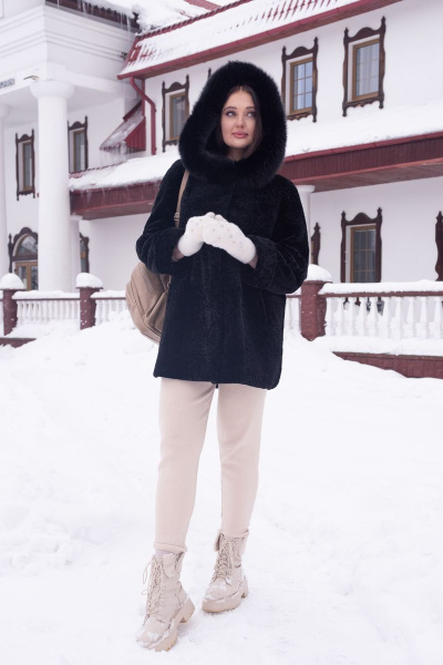 Полупальто из овчины с капюшоном и прорезными карманами Мехофф Мадам80.12-55 черный - фото 9