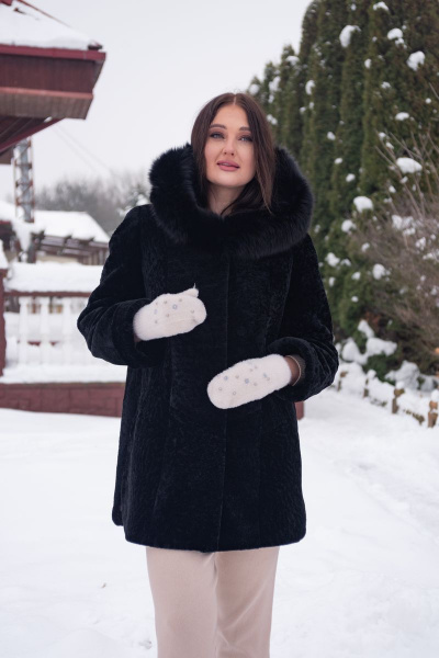 Полупальто из овчины с капюшоном и прорезными карманами Мехофф Мадам80.12-55 черный - фото 6