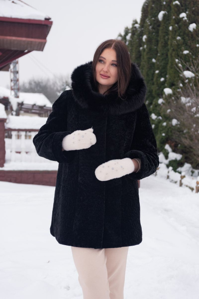 Полупальто из овчины с капюшоном и прорезными карманами Мехофф Мадам80.12-55 черный - фото 5