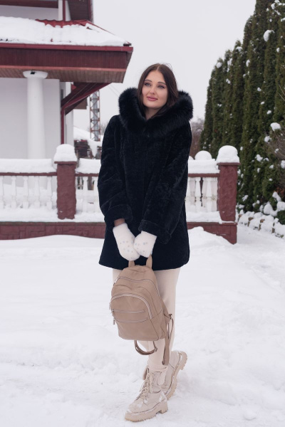 Полупальто из овчины с капюшоном и прорезными карманами Мехофф Мадам80.12-55 черный - фото 4