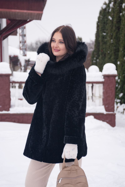 Полупальто из овчины с капюшоном и прорезными карманами Мехофф Мадам80.12-55 черный - фото 3