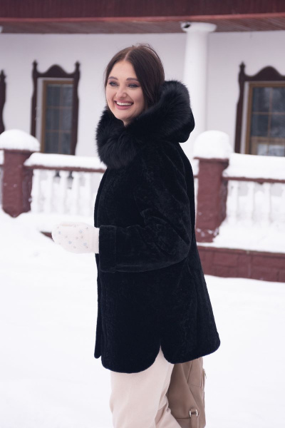 Полупальто из овчины с капюшоном и прорезными карманами Мехофф Мадам80.12-55 черный - фото 2