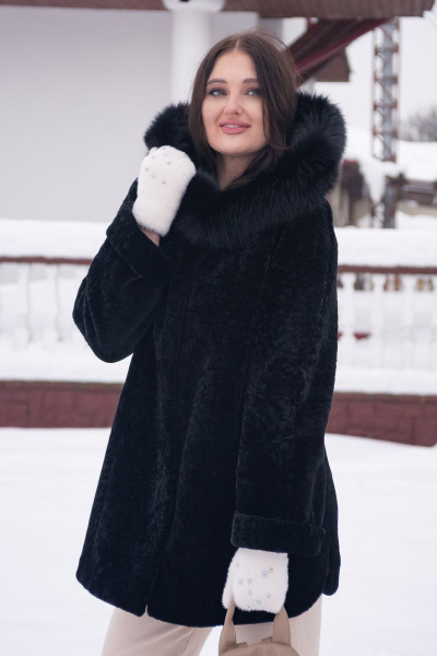 Полупальто из овчины с капюшоном и прорезными карманами Мехофф Мадам80.12-55 черный - фото 1