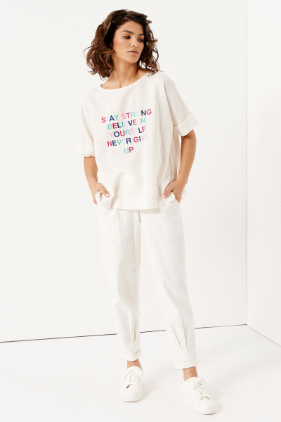 Белая летняя блуза классическая из хлопка Панда 140540w белый - фото 3