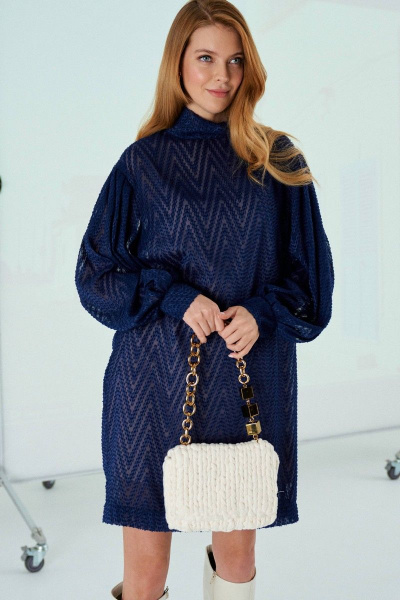 Платье кокон с длинным рукавом и воротником-стойка Lokka 1112 синий - фото 5