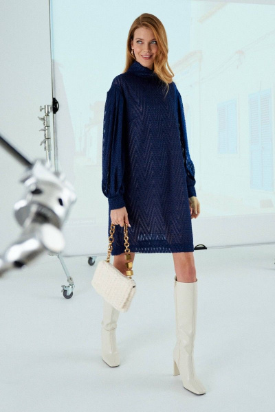 Платье кокон с длинным рукавом и воротником-стойка Lokka 1112 синий - фото 3