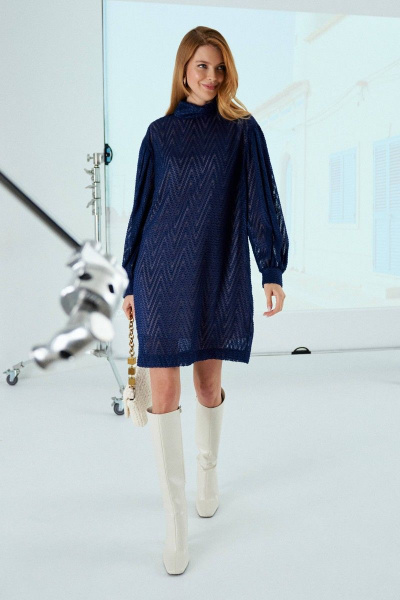 Платье кокон с длинным рукавом и воротником-стойка Lokka 1112 синий - фото 2