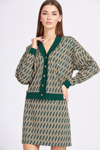 Комплект кардиган и юбка из трикотажа с геометричным принтом EOLA 2353 бежевый_зеленый - фото 5