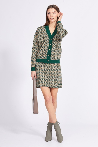 Комплект кардиган и юбка из трикотажа с геометричным принтом EOLA 2353 бежевый_зеленый - фото 1