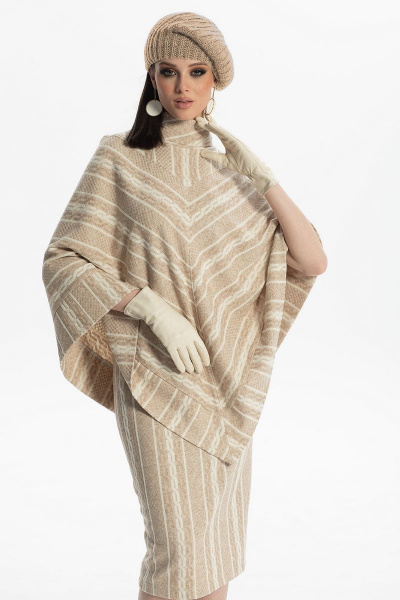 Комплект из пончо и юбки из трикотажа с резинками Diva 1490 бежевый - фото 2