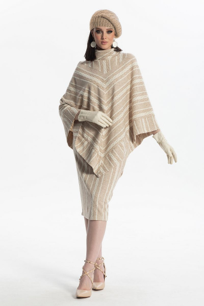 Комплект из пончо и юбки из трикотажа с резинками Diva 1490 бежевый - фото 1