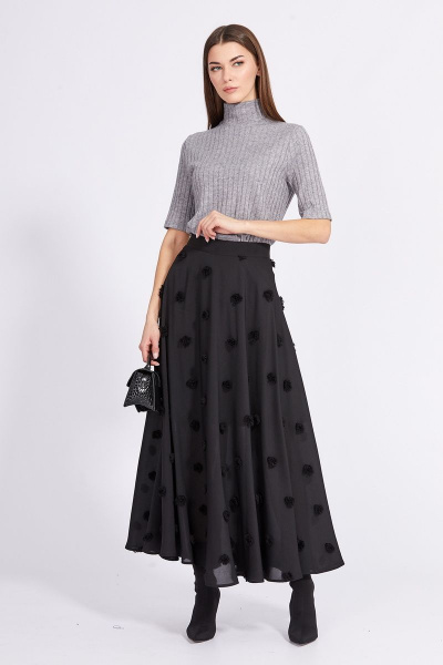 Миди юбка из крепа с вышивкой и расширением к низу EOLA 2366 черный - фото 3
