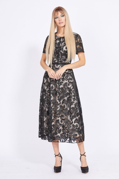 Платье бежевое и черное миди с вышивкой и вырезом EOLA 2331 беж-черный - фото 4