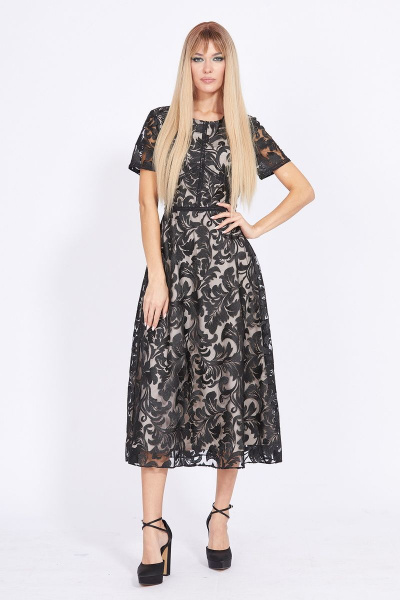 Платье бежевое и черное миди с вышивкой и вырезом EOLA 2331 беж-черный - фото 2