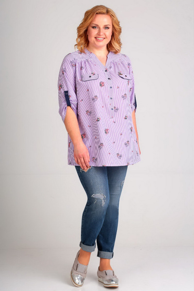 Свободная блуза из вискозы с патой и кокетками Таир-Гранд 62329 сирень-полоска - фото 1