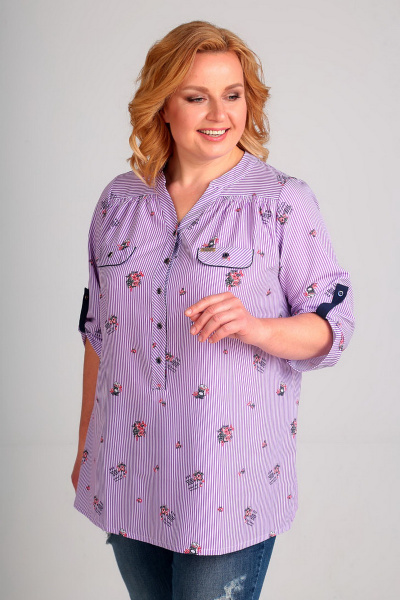 Свободная блуза из вискозы с патой и кокетками Таир-Гранд 62329 сирень-полоска - фото 4