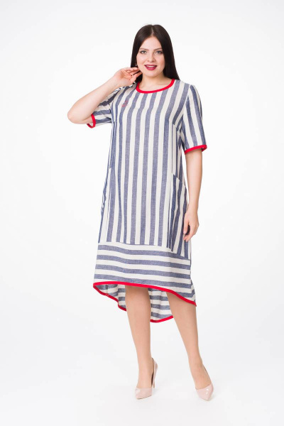 Платье с разрезом и контрастной отделкой из вискозы Stilville 1639 синий,молочный - фото 1