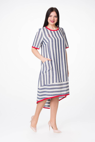 Платье с разрезом и контрастной отделкой из вискозы Stilville 1639 синий,молочный - фото 2