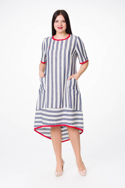 Платье с разрезом и контрастной отделкой из вискозы Stilville 1639 синий,молочный - фото 3