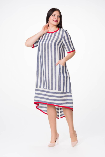 Платье с разрезом и контрастной отделкой из вискозы Stilville 1639 синий,молочный - фото 4