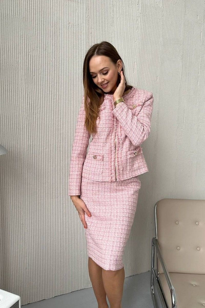 Деловой твидовый костюм жакет и юбка розовые PUR PUR 969/10 - фото 2